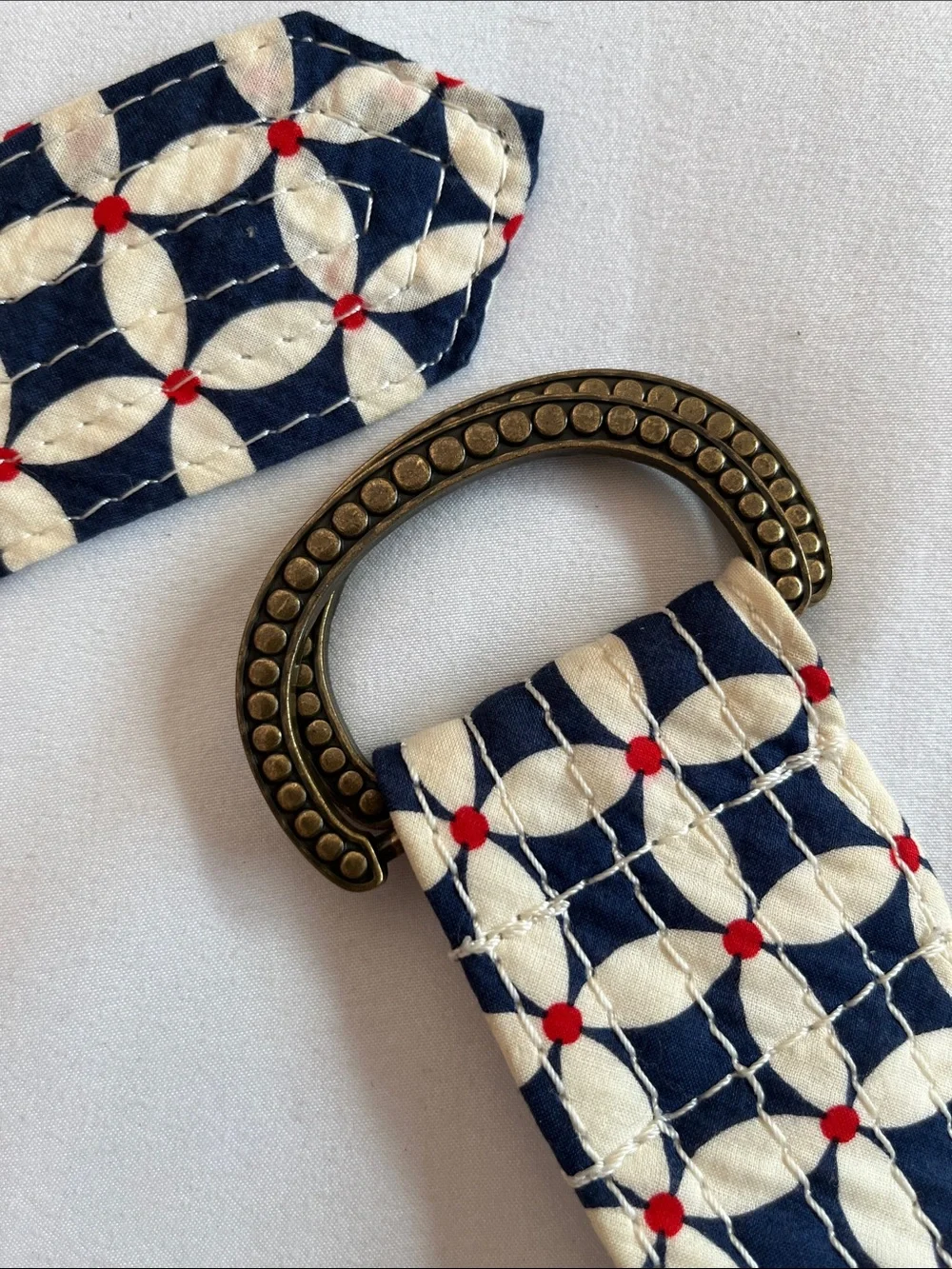 J Crew Y2K flower print belt cotton blue white  double D brass buckle S/M 2008